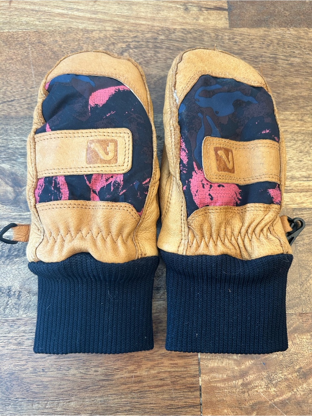 Flylow Kids Leather Ski Mittens Size M Tan Pink Black Snow Gloves